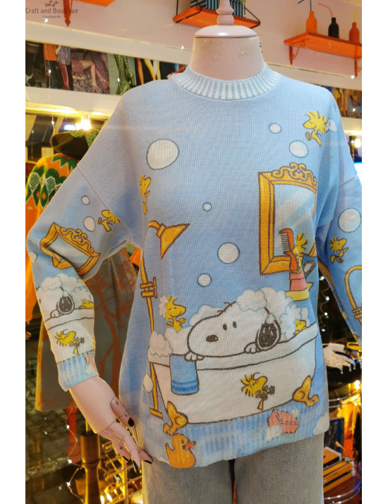 Banyo Desenli Mavi Triko Kazak | Karakterli Örme Kazak