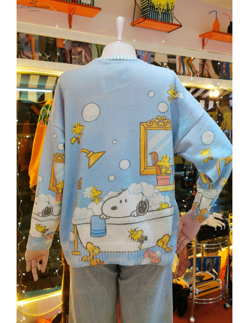 Banyo Desenli Mavi Triko Kazak | Karakterli Örme Kazak