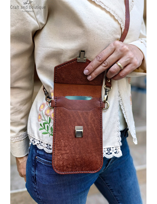 Kremit Deri Telefon Çantası | El Yapımı Mini Crossbody Kılıf