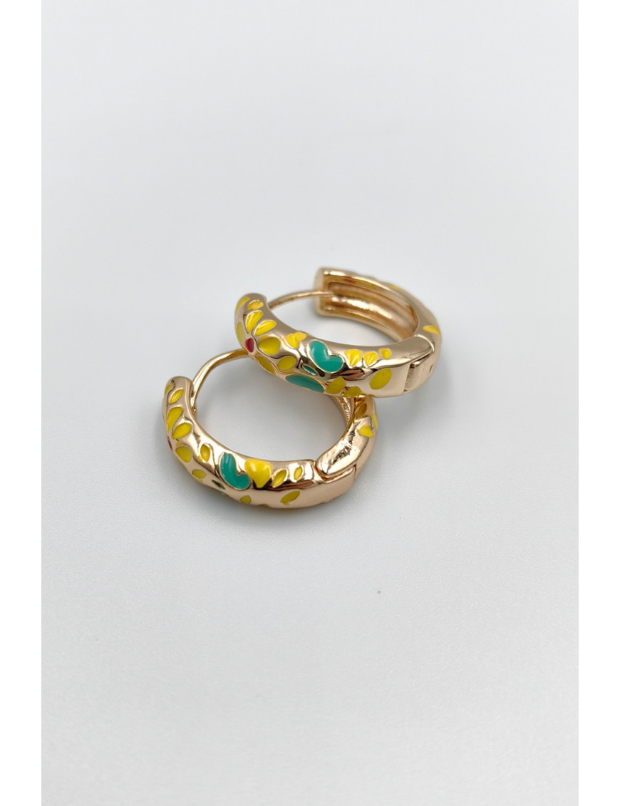 Sarı Yeşil Mineli Halka Küpe | Gold Kaplama Renkli Küpe