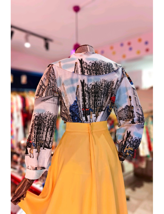 Paris Desenli Fiyonklu Büyük Yakalı Poplin Tasarım  Kadın Gömlek