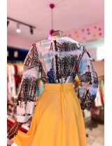 Paris Desenli Fiyonklu Büyük Yakalı Poplin Tasarım  Kadın Gömlek