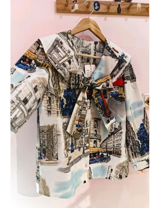 Paris Desenli Fiyonklu Büyük Yakalı Poplin Tasarım  Kadın Gömlek