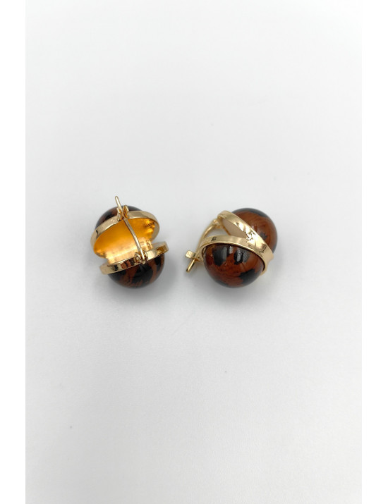 Tortoiseshell Desenli Küresel Gold Küpe | Vintage Klipsli Takı