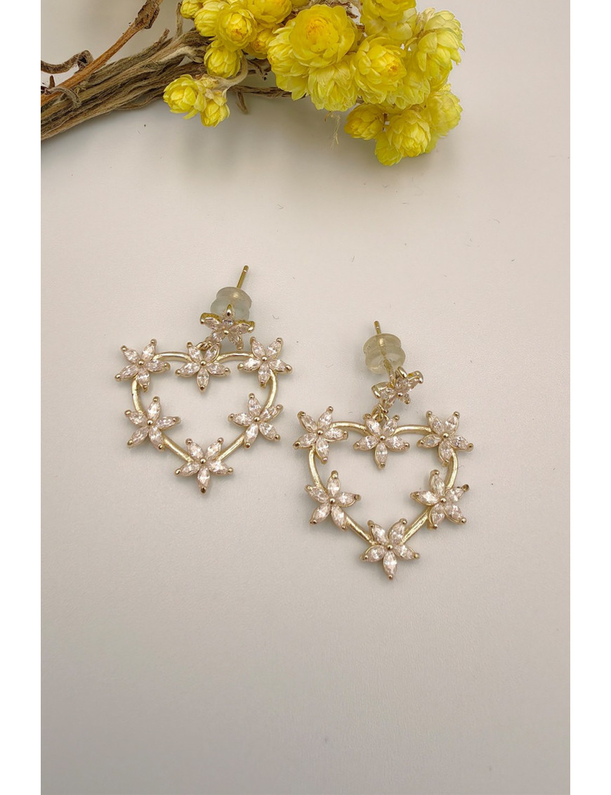 Çiçekli Kalp Küpe | Zirkon Taşlı Gold Sallantılı Romantik Takı