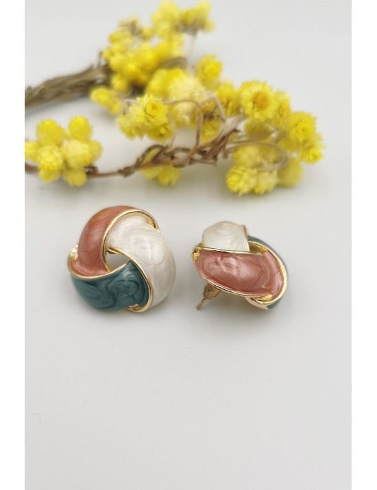 Üç Renkli Emaye Düğüm Küpe | Knot Formlu Gold Damızlık Takı