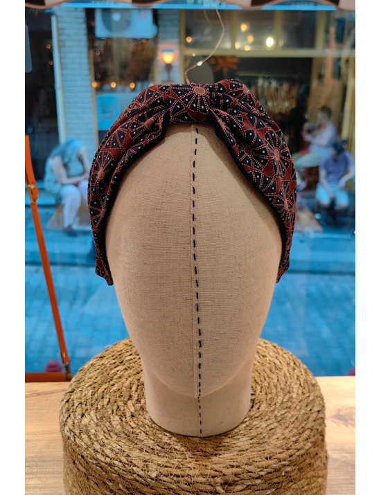 Otantik Desenli Bordo Düğümlü Taç | Kumaş Retro Saç Bandı