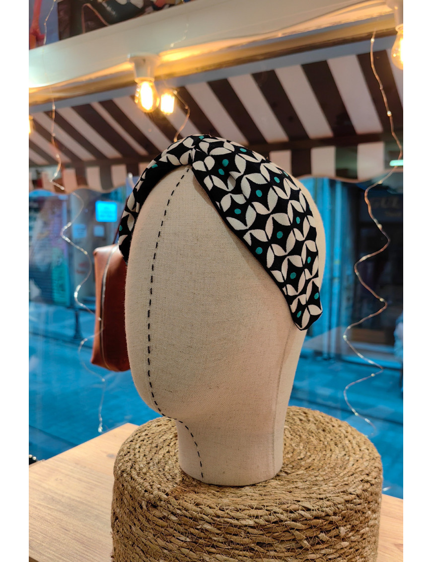 Siyah Beyaz Düğümlü Taç | Turkuaz Detaylı Geometrik Kumaş Retro Taç