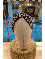 Siyah Beyaz Düğümlü Taç | Turkuaz Detaylı Geometrik Kumaş Retro Taç