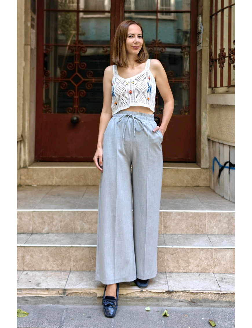 Açık Gri Geniş Paça Pantolon | Yüksek Bel, Büzgülü Bağlamalı