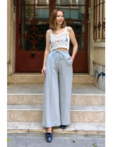 Açık Gri Geniş Paça Pantolon | Yüksek Bel, Büzgülü Bağlamalı