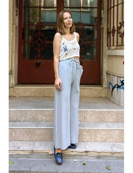 Açık Gri Geniş Paça Pantolon | Yüksek Bel, Büzgülü Bağlamalı