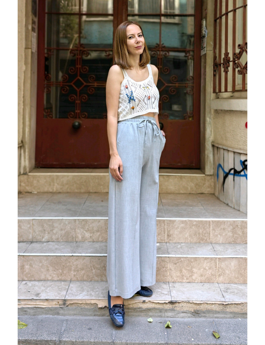 Açık Gri Geniş Paça Pantolon | Yüksek Bel, Büzgülü Bağlamalı