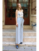 Açık Gri Geniş Paça Pantolon | Yüksek Bel, Büzgülü Bağlamalı