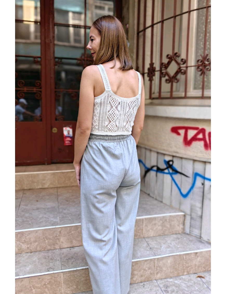 Açık Gri Geniş Paça Pantolon | Yüksek Bel, Büzgülü Bağlamalı
