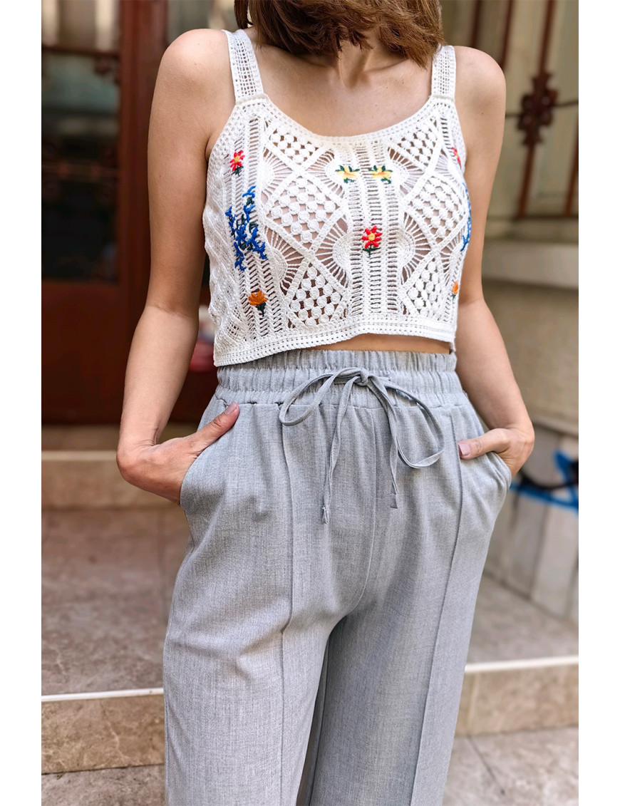 Açık Gri Geniş Paça Pantolon | Yüksek Bel, Büzgülü Bağlamalı