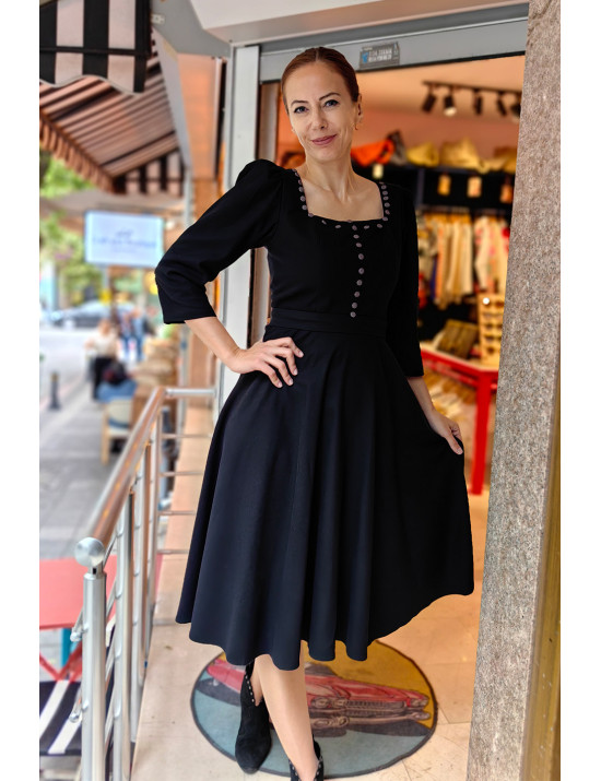 Siyah Düğme Detaylı Midi Elbise | Zarif ve Şık Kadın Elbise Modelleri