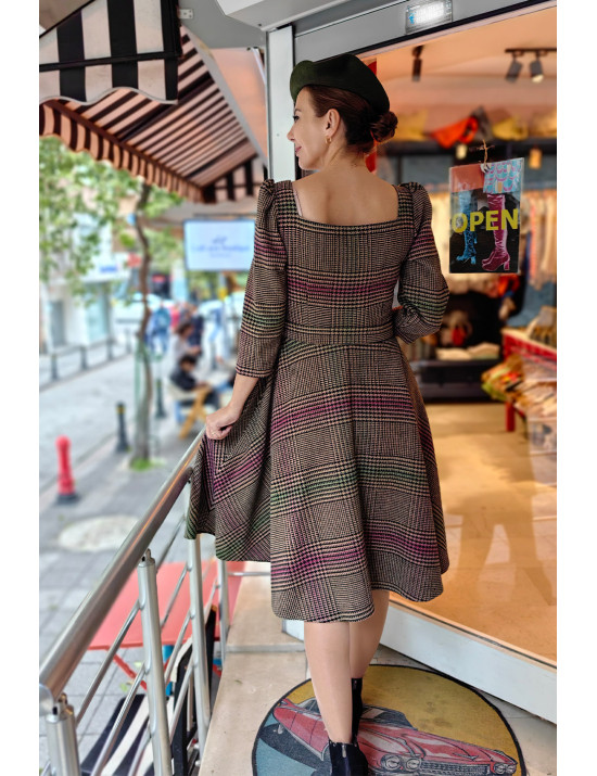 Ekose Desenli Midi Elbise | Vintage Kuşaklı Elbise Modelleri Craft and Boutique