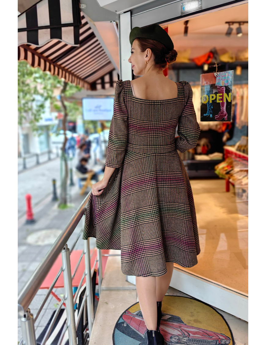 Ekose Desenli Midi Elbise | Vintage Kuşaklı Elbise Modelleri Craft and Boutique