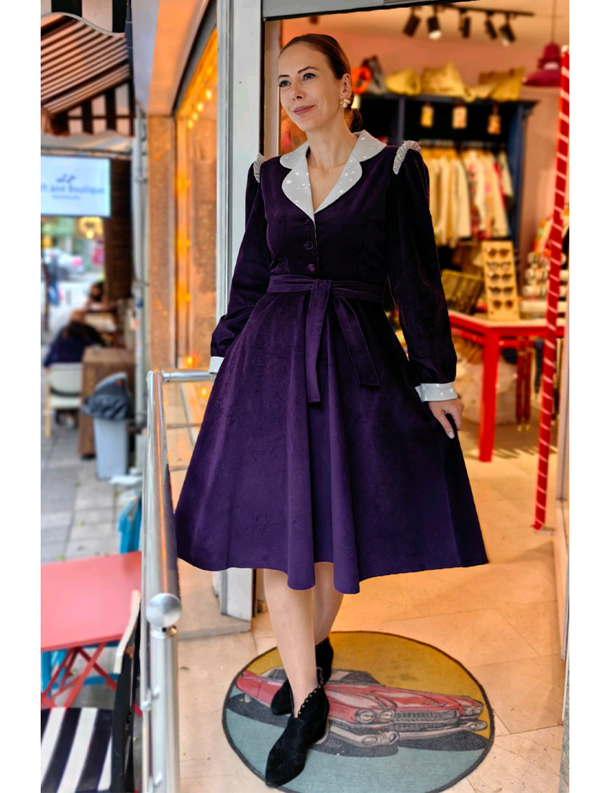 Mor Kadife Vintage Elbise | Beyaz Yaka Detaylı Özel Dikim Craft and Boutique