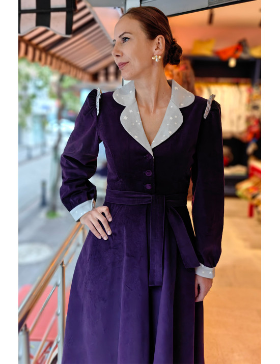 Mor Kadife Vintage Elbise | Beyaz Yaka Detaylı Özel Dikim Craft and Boutique