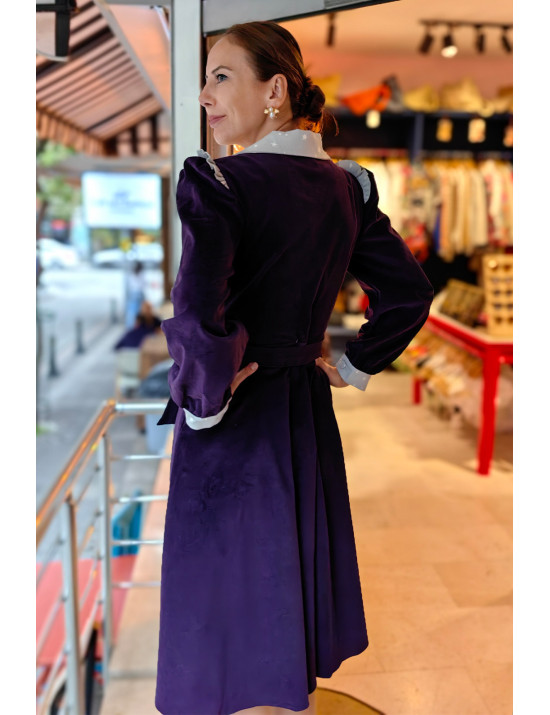 Mor Kadife Vintage Elbise | Beyaz Yaka Detaylı Özel Dikim Craft and Boutique