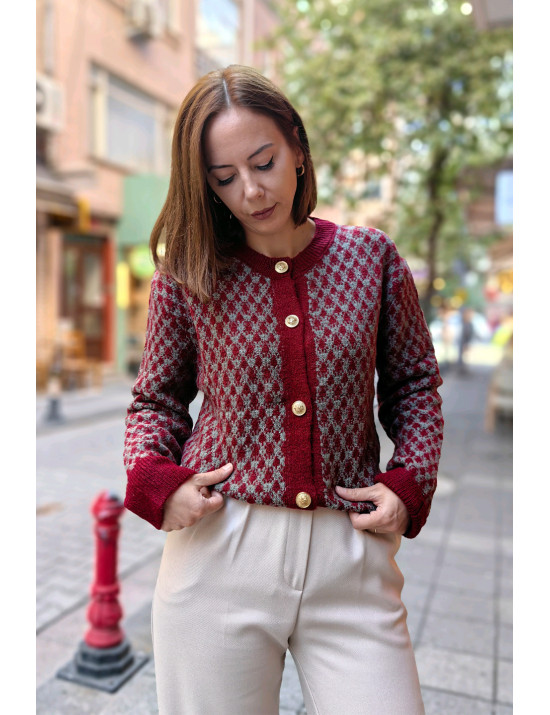 Retro Desenli Bordo Kadın Hırka