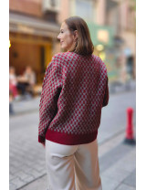 Retro Desenli Bordo Kadın Hırka