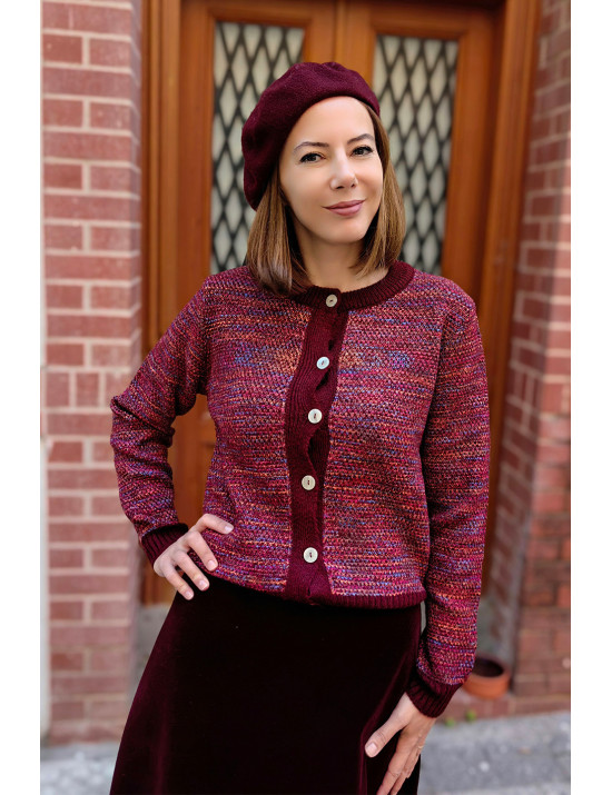 Bordo Ebruli Kısa Hırka | Tweed Dokulu Düğmeli Triko | [Craft and Boutique]