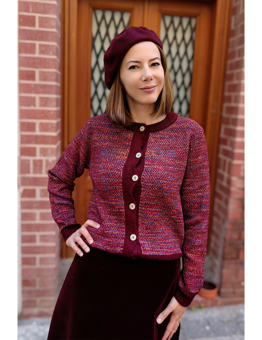 Bordo Ebruli Kısa Hırka | Tweed Dokulu Düğmeli Triko | [Craft and Boutique]