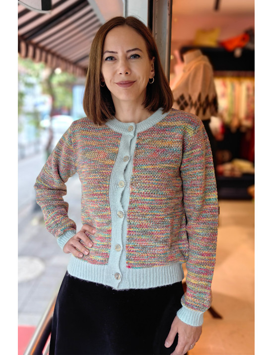 Mint Yeşili Detaylı Ebruli Hırka | Pastel Triko Düğmeli Kardigan | [Craft and Boutique]