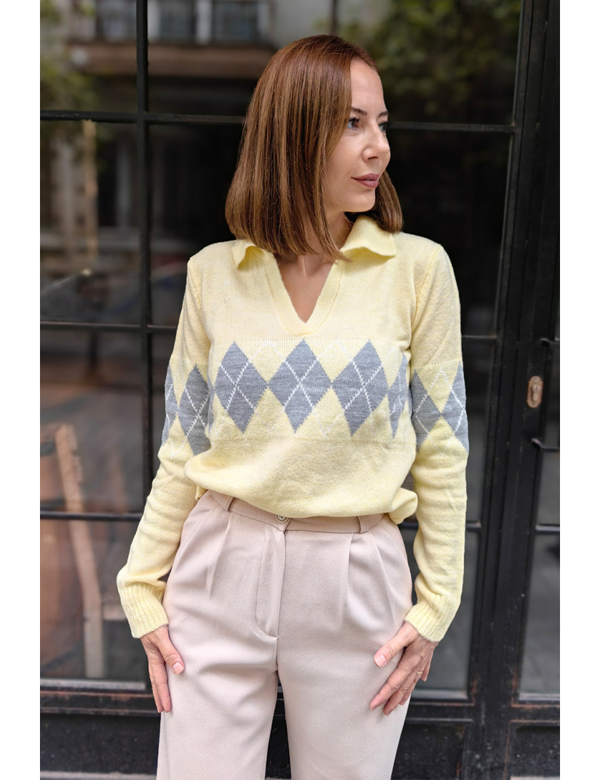 Limon Sarı Baklava desenli Argyle Polo Yaka Kazak | Pastel Kadın Triko Modelleri | [Craft and Boutique]