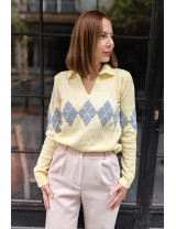 Limon Sarı Baklava desenli Argyle Polo Yaka Kazak | Pastel Kadın Triko Modelleri | [Craft and Boutique]