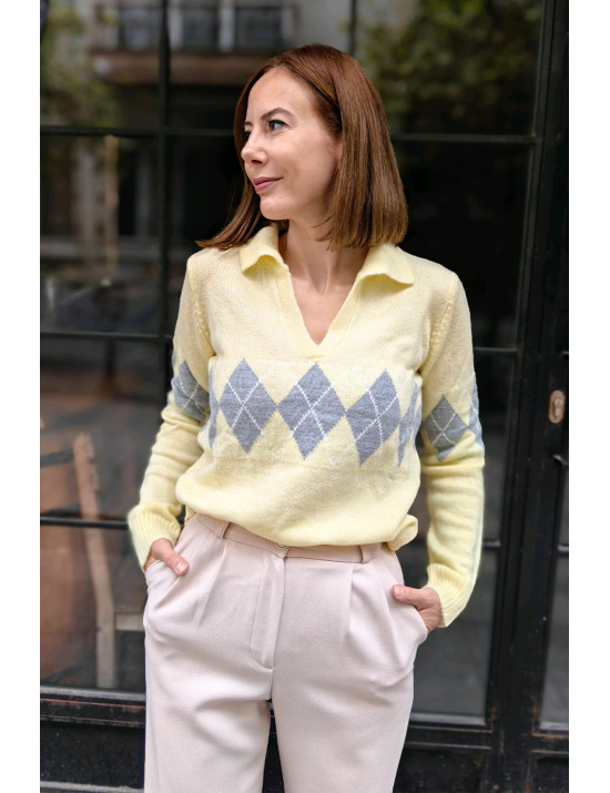 Limon Sarı Baklava desenli Argyle Polo Yaka Kazak | Pastel Kadın Triko Modelleri | [Craft and Boutique]