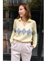 Limon Sarı Baklava desenli Argyle Polo Yaka Kazak | Pastel Kadın Triko Modelleri | [Craft and Boutique]