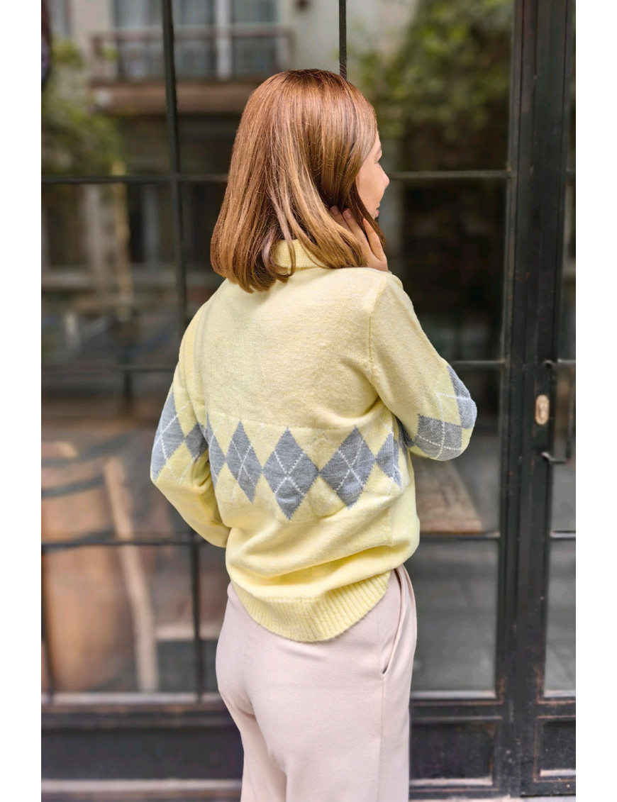 Limon Sarı Baklava desenli Argyle Polo Yaka Kazak | Pastel Kadın Triko Modelleri | [Craft and Boutique]