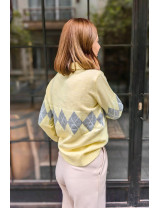 Limon Sarı Baklava desenli Argyle Polo Yaka Kazak | Pastel Kadın Triko Modelleri | [Craft and Boutique]