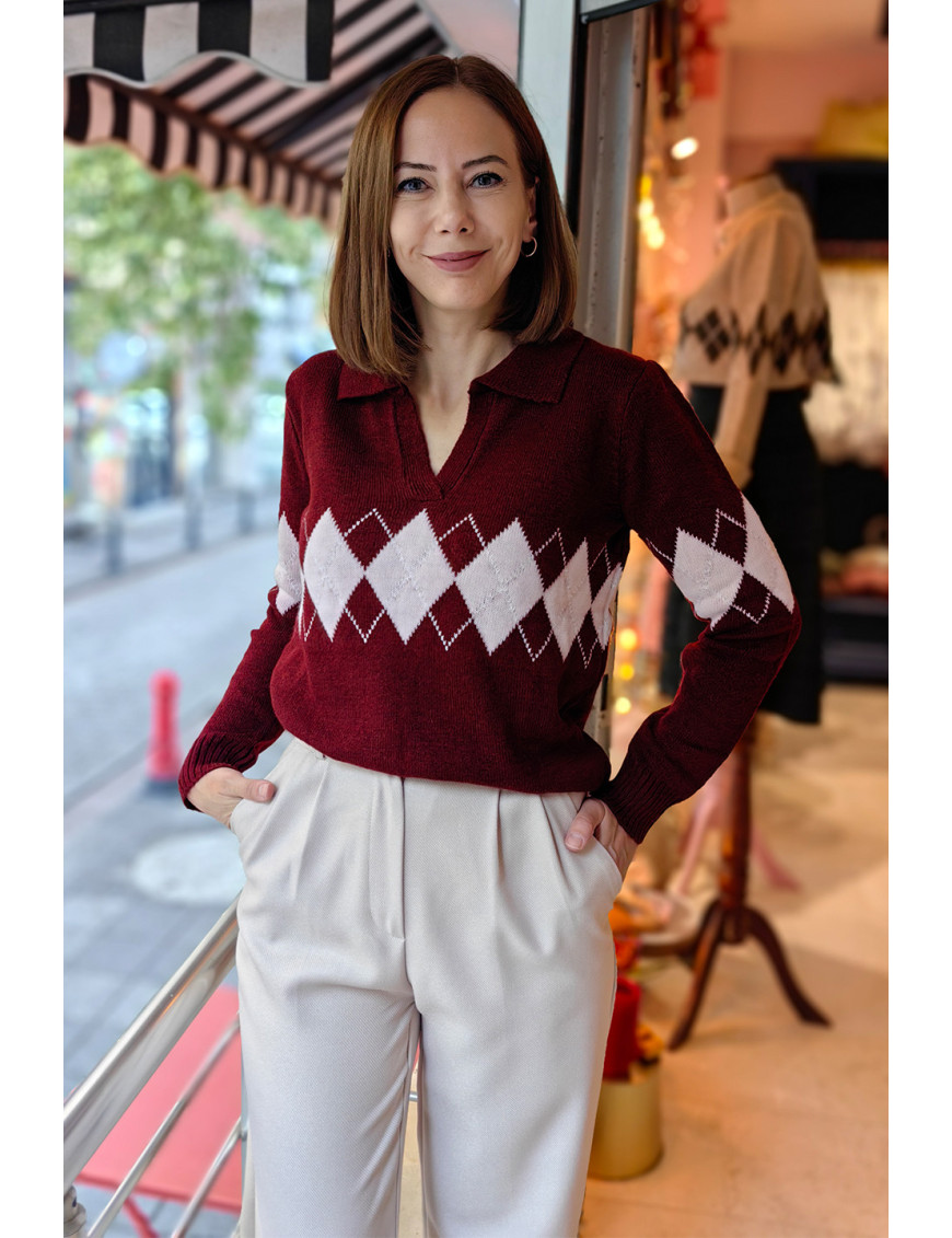 Bordo Baklava desenli Argyle Polo Yaka Kazak | Pastel Kadın Triko Modelleri | [Craft and Boutique]