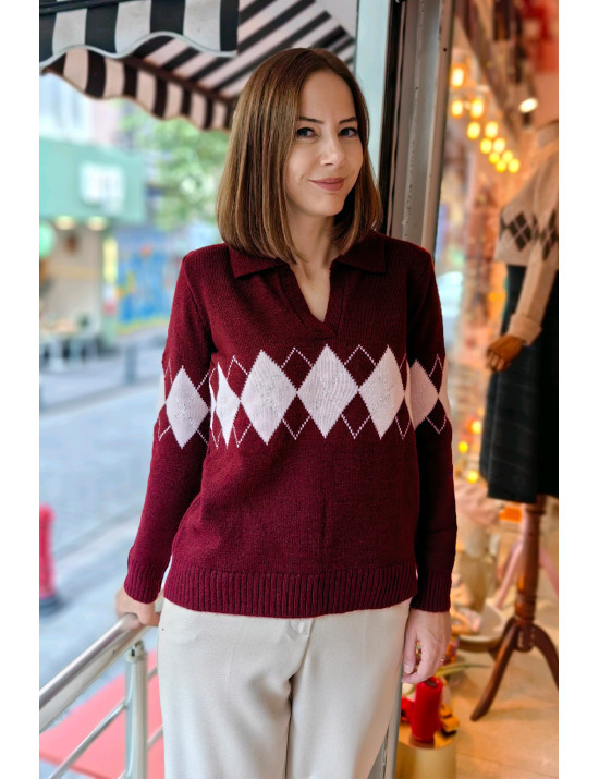 Bordo Baklava desenli Argyle Polo Yaka Kazak | Pastel Kadın Triko Modelleri | [Craft and Boutique]