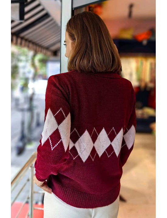 Bordo Baklava desenli Argyle Polo Yaka Kazak | Pastel Kadın Triko Modelleri | [Craft and Boutique]