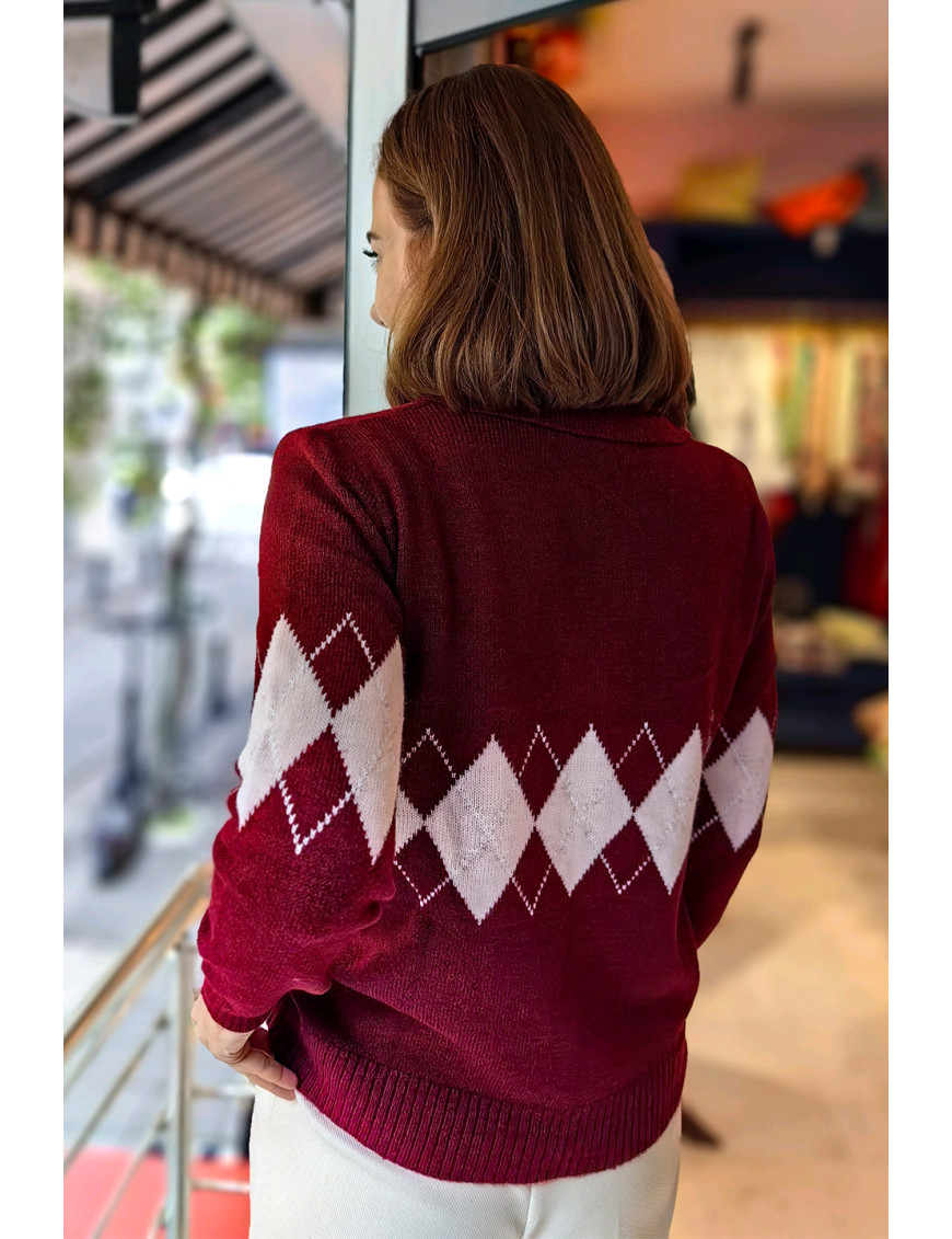 Bordo Baklava desenli Argyle Polo Yaka Kazak | Pastel Kadın Triko Modelleri | [Craft and Boutique]
