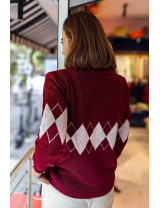 Bordo Baklava desenli Argyle Polo Yaka Kazak | Pastel Kadın Triko Modelleri | [Craft and Boutique]
