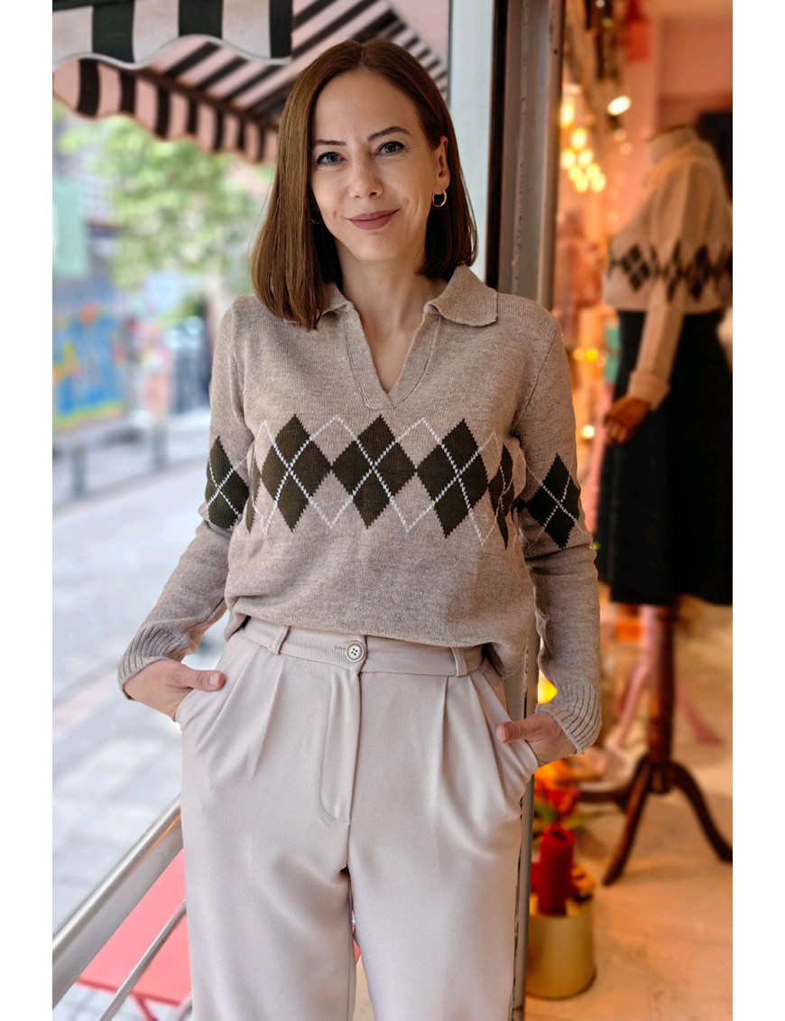 Taş Baklava desenli Argyle Polo Yaka Kazak | Pastel Kadın Triko Modelleri | [Craft and Boutique]