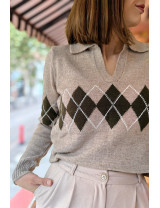 Taş Baklava desenli Argyle Polo Yaka Kazak | Pastel Kadın Triko Modelleri | [Craft and Boutique]