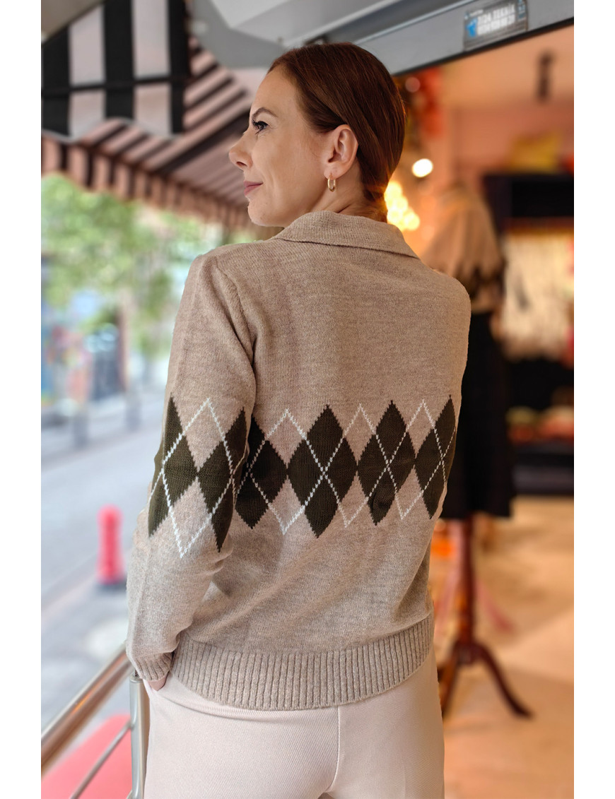 Taş Baklava desenli Argyle Polo Yaka Kazak | Pastel Kadın Triko Modelleri | [Craft and Boutique]