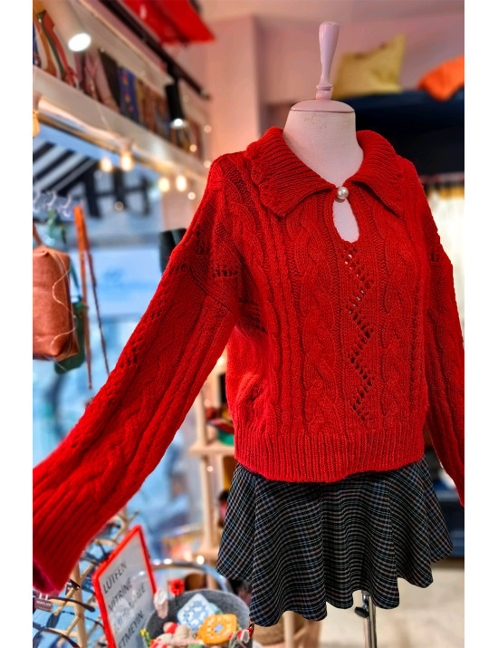 Kırmızı İnci Detaylı Örgü Crop Kazak | Moda Kadın Kazakları