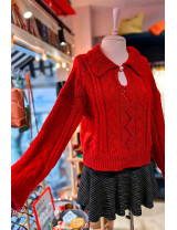 Kırmızı İnci Detaylı Örgü Crop Kazak | Moda Kadın Kazakları