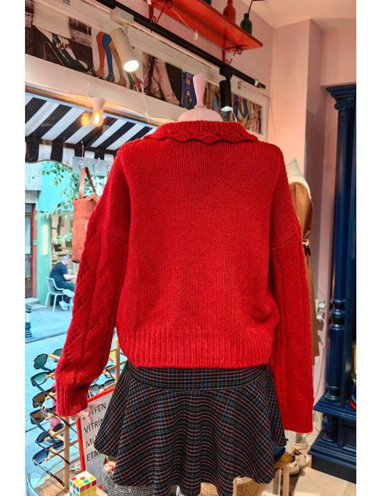 Kırmızı İnci Detaylı Örgü Crop Kazak | Moda Kadın Kazakları