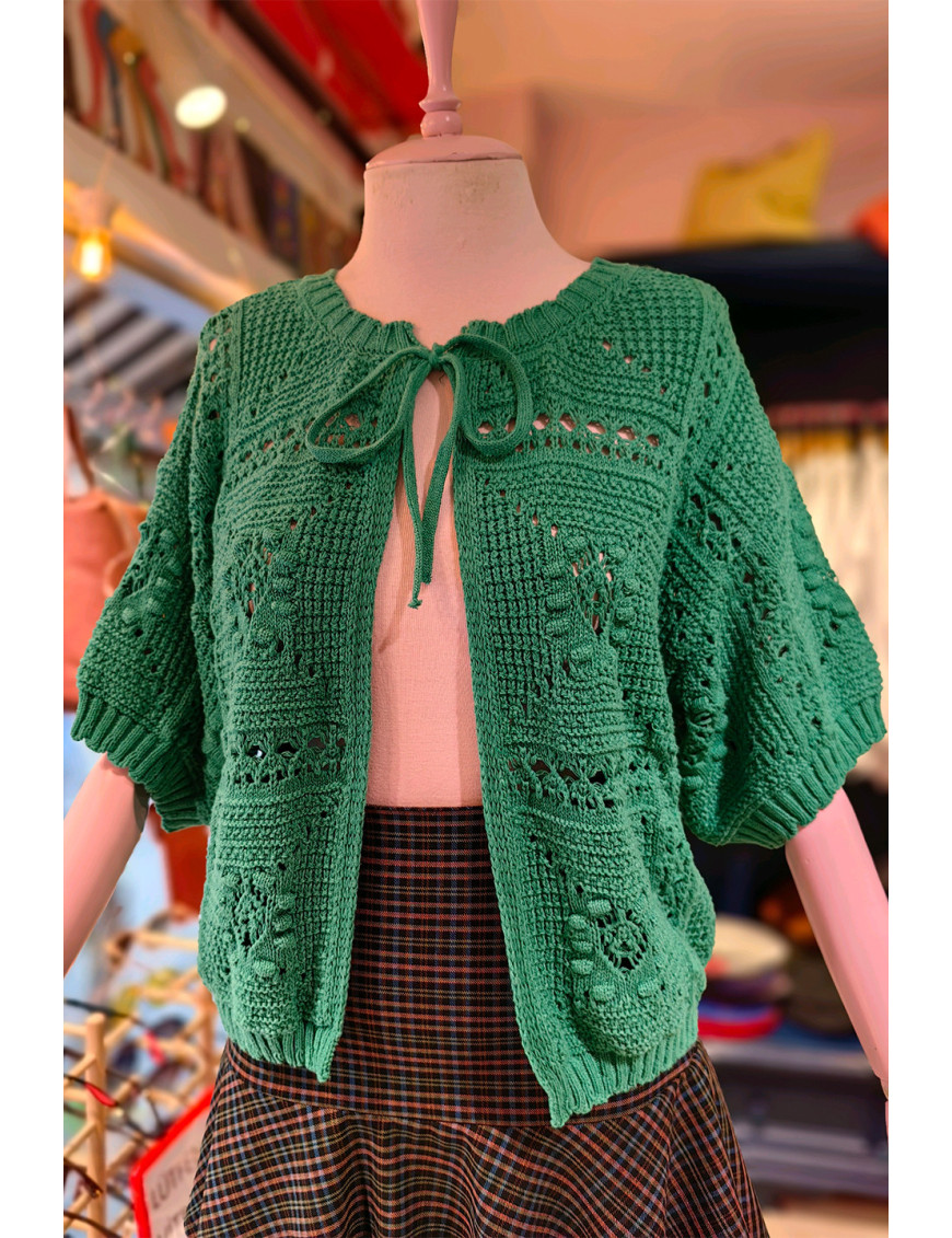 Yeşil Ajurlu Örgü Kadın Hırka