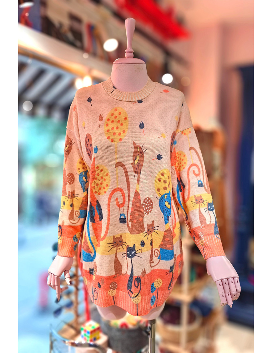 Oversize Kedi Desenli Kazak | Canlı Renkli Kadın Reglan Kol Tunik Kazak